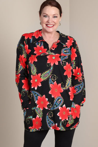 #7016BW    PLUS Coral & Black Collar Button Front Tunic with Pockets