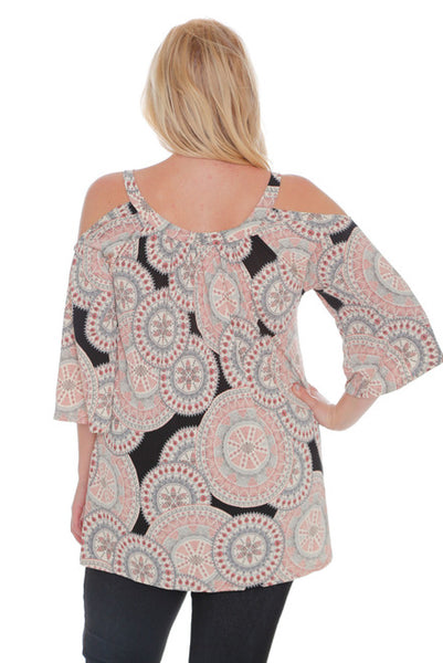#7021WFC    PLUS Ivory Medallion Print  3/4 Loose Sleeve Open Shoulder Top