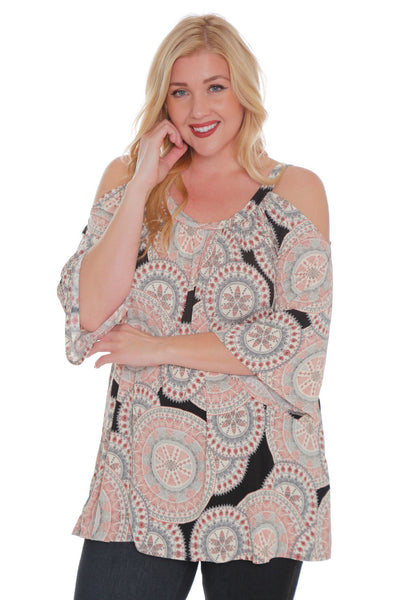 #7021WFC    PLUS Ivory Medallion Print  3/4 Loose Sleeve Open Shoulder Top