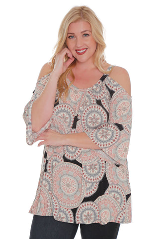 #7021WFC    PLUS Ivory Medallion Print  3/4 Loose Sleeve Open Shoulder Top