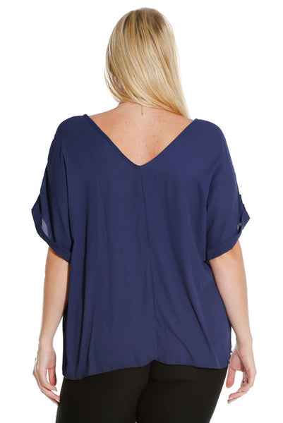 #7027WFC    PLUS Navy Blue Chiffon Short Sleeve Top