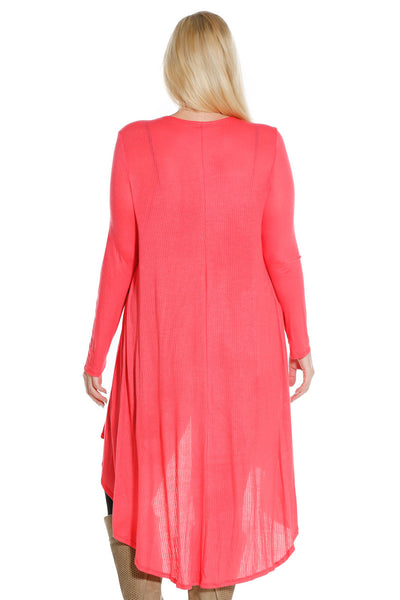 #7029WFC    PLUS Coral or White Long Sleeve Ribbed Dropped Back Cardigan