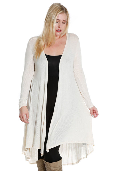 #7029WFC    PLUS Coral or White Long Sleeve Ribbed Dropped Back Cardigan