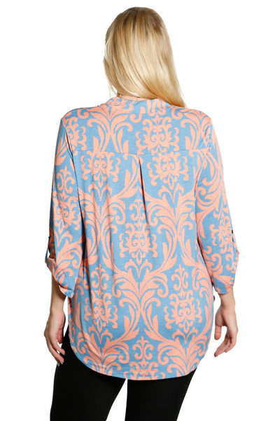 #7031WFC    PLUS Slate Blue Peach Print 3/4 Sleeve Split Neck Tunic Top