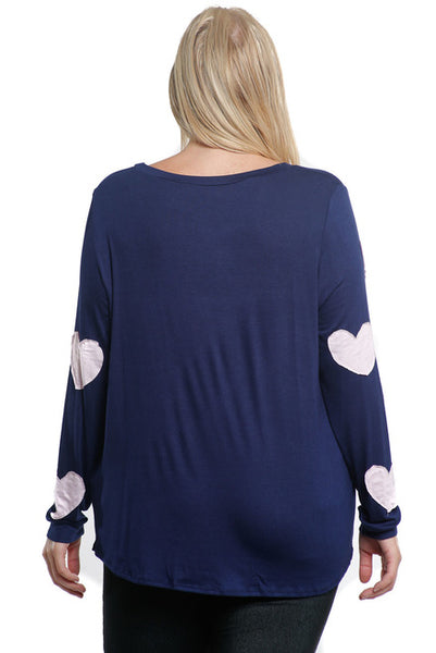 #7033WFC    PLUS Navy Blue with Pink Hearts Scoop Neck Long Sleeve T-Shirt Top