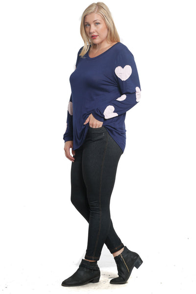 #7033WFC    PLUS Navy Blue with Pink Hearts Scoop Neck Long Sleeve T-Shirt Top
