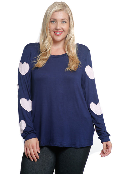 #7033WFC    PLUS Navy Blue with Pink Hearts Scoop Neck Long Sleeve T-Shirt Top