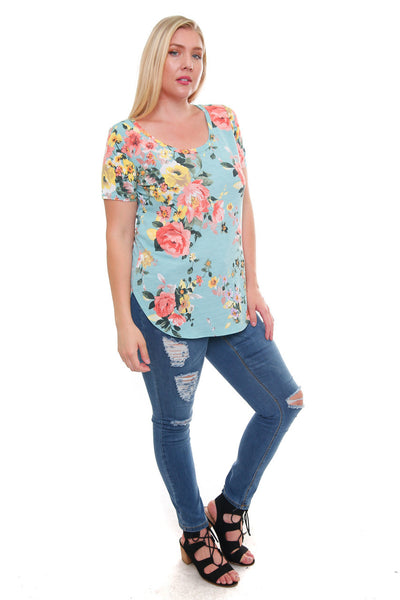 #7034WFC    PLUS Mint Yellow Peach Flowers Short Sleeve Round Neck Casual T-Shirt