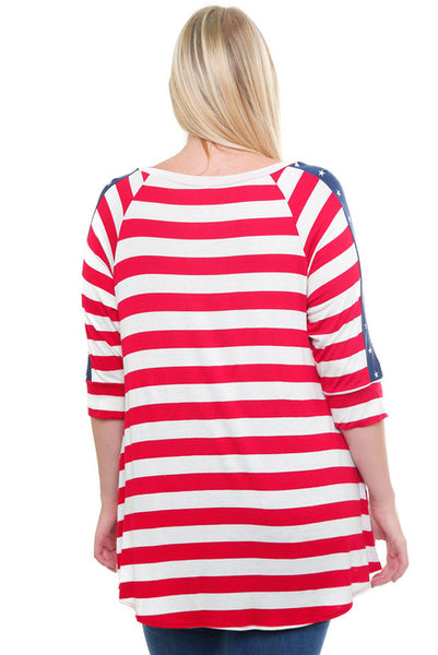 #7035WFC    PLUS American Flag 3/4 Sleeve Top