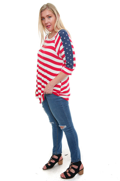 #7035WFC    PLUS American Flag 3/4 Sleeve Top